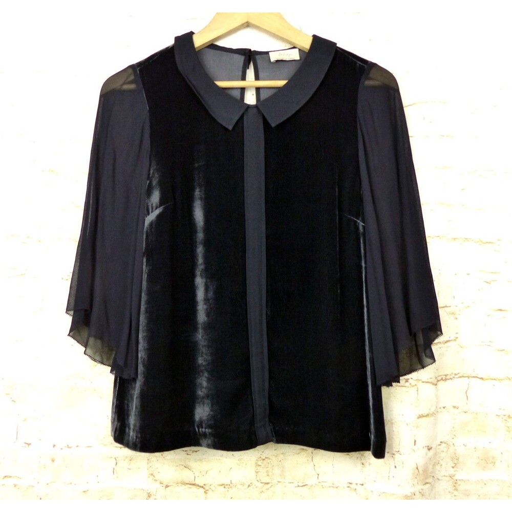 Wrap London Velvet Blouse Womens US 6 Black Silk Peter Pan Sheer Sleeves Goth